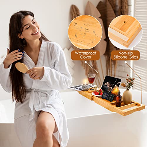 Foldable Bathtub Tray Caddy with Soap Dish Adjustable 29.5-43''Beige - color: Beige