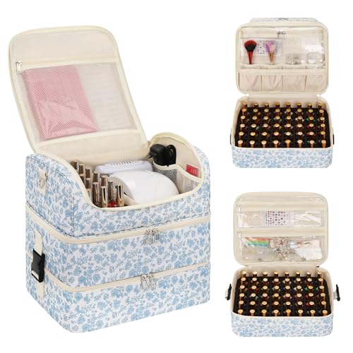 CUBETASTIC Nail Polish Organizer, Nail Supplies Storage Case Holds 86 Bottles Nail Polish & Nail Lamp, Travel Nail Tech Carrying Bag, Nail Kit Bag For Nail Stuff & Manicure Tools - color: Blue Floral, size: 117 Slots