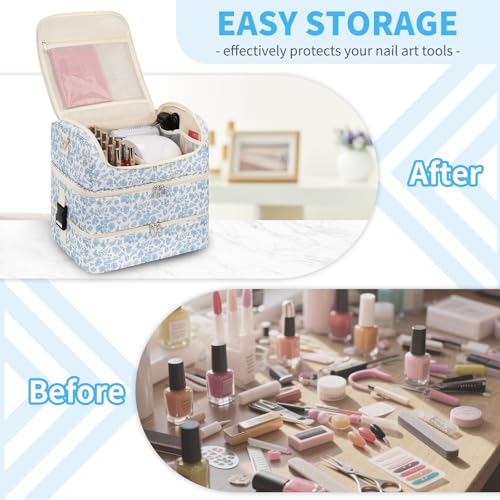 CUBETASTIC Nail Polish Organizer, Nail Supplies Storage Case Holds 86 Bottles Nail Polish & Nail Lamp, Travel Nail Tech Carrying Bag, Nail Kit Bag For Nail Stuff & Manicure Tools - color: Blue Floral, size: 117 Slots