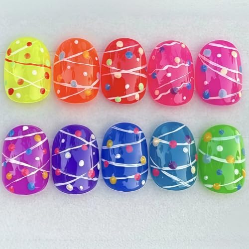 Polka Dot Press on Nails Short Oval Graffiti Design - color: Green Blue Pink Purple Orange Yellow