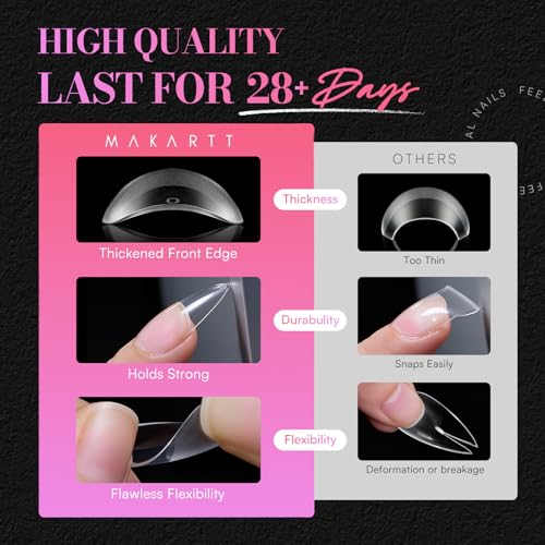 Makartt Medium Sharp Almond Nail Tips: Hybrid Almondetto Shape, 15 Sizes Clear Full Cover Fake Nails Extension, 504PCS Half Matte Soft Gel Tips for DIY Nail Lovers, Press-on Creators, Salon Supplies - size: Long