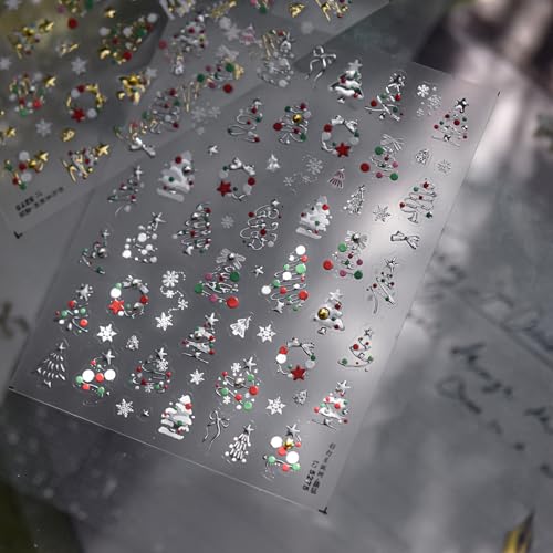 1 Sheet Christmas Nail Art Stickers Golden Xmas Tree Nail Decals with Rhinestone Star Bow Christmas Tree Nails Design Winter Xmas Nail Design Nail Supplies for Women DIY Holiday Manicure Decorations - style: christmas lines