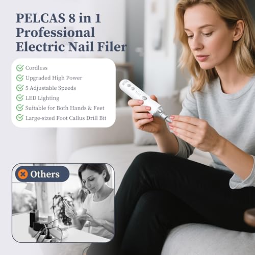 PELCAS Electric Nail Filer, Cordless Nail Drill with LED Light & 5 Speeds - color: Silver