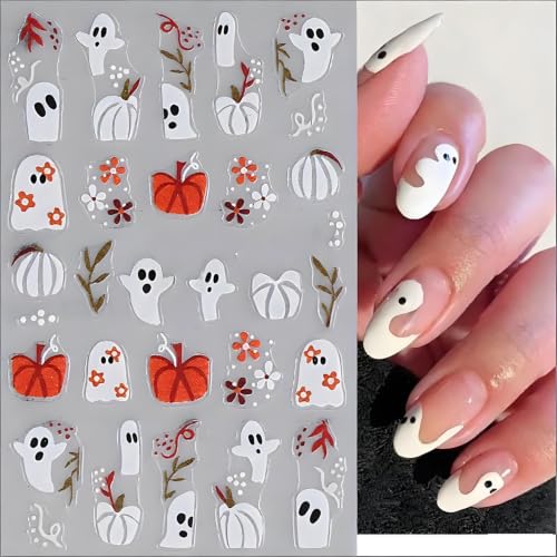 Halloween Ghost Nail Art Stickers Cute Cartoon Pumpkin Ghost Nail Art Decals 4 Sheets 3D Embossed Self-Adhesive Stickers Spider Flower Nail Design for Women Halloween Nail Supplies Nail Decorations - color: Halloween Style2