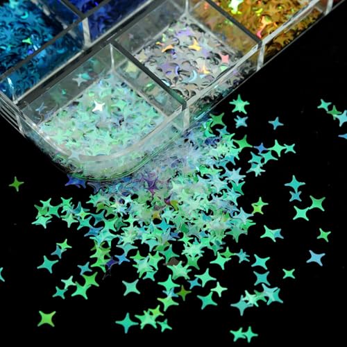 1 Box 12 Color Holographic Star Nail Glitter Silver Gold Nail Sequins 3D Colorful Nail Flakes Sparkly Powder Flakes Shiny Nail Glitter Laser Nail Sequins Glitter for Nails Art 12 Grids - color: Color 33