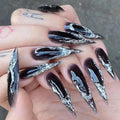 MISUD Press on Nails - Long Stiletto Glue on Nails with Goth Black, Acrylic 3D Silver Chrome Design 24 pcs - color: 02305-14Black