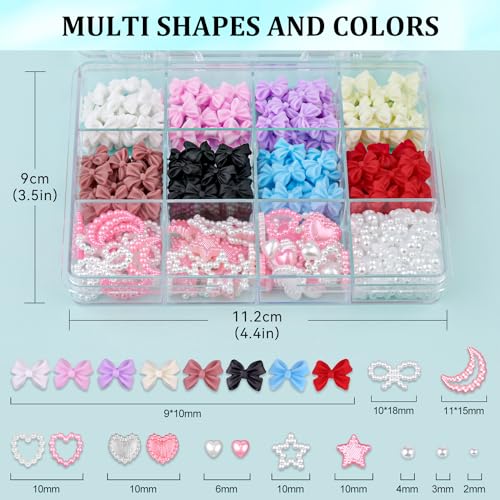 600 Pcs 3D Nail Bow Charms and Flatback Pearls Nail Charms Set 5 - color: Set 5- 8 Colors B Style