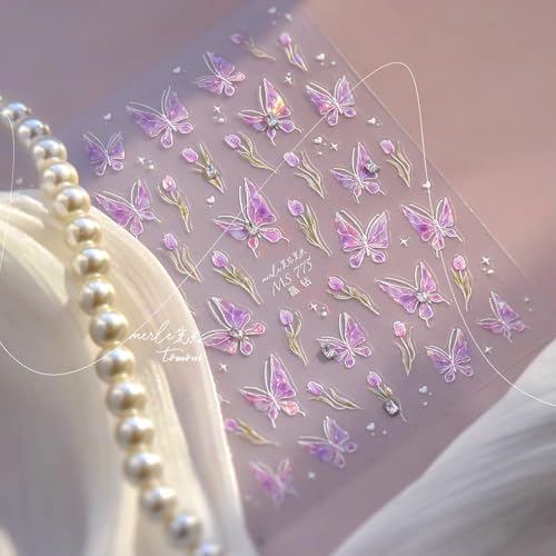 5D Embossed Purple Butterfly Nail Art Stickers with Silver Glitter Rhinestones Nail Decals Design Flower Nails Supply Spring Summer Nail Design Stickers Cute Nail Art Supplies for Women Manicure - style: 5D Embossed Nail Stickers-7