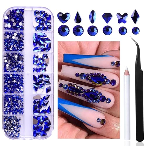 Nail Art Rhinestones Kit Nail Gems Ab Flat bottom special-shaped drill, with Storage Organizer Box/Wax Pencil/Tweezers for Nail Art Craft (Blue) - color: Blue
