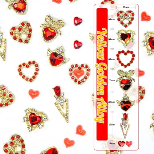 qiipii 36pcs Red Heart Nail Charms Golden Luxury Alloy Valentine Charms for Nails 3D Red Nail Art Rhinestones Gems Gold Crystal Diamonds Jewelry Stones Studs Charms Supplies for Nails Face Eyes Makeup - color: Luxury Charms -Red Heart, size: 1 Box