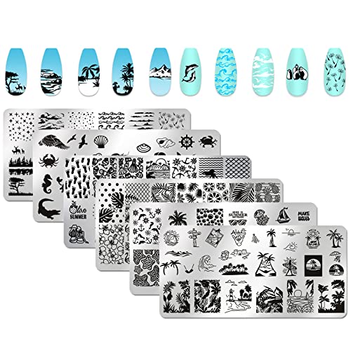 6pcs Seaside Scenery Nail Stamping Plate Nail Stamping Kit for Nails Summer Beach Coconut Trees Sunset Waves Sea Animals Image Plates Nail Stamper Kit - color: Seaside Scenery Nail Stamping Plate