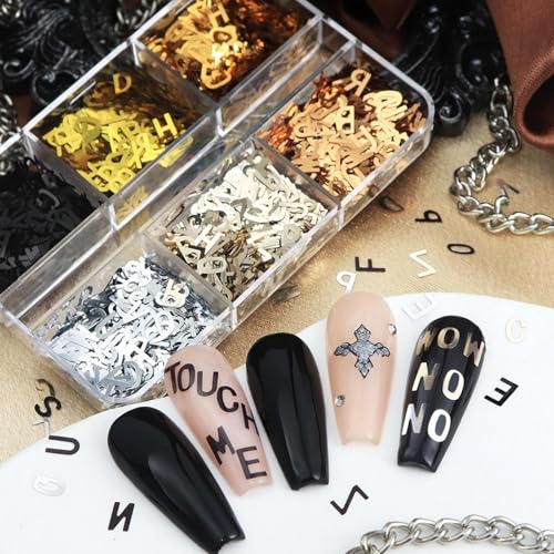1 Box 6 Color Holographic Letter Nail Glitter Laser Ombre Alphabet Nail Sequins 3D Gold Nail Flakes Sparkly Glitter Flakes Shiny Nail Art Glitter Sequence Letters Nail Sequins Glitter for Nails Art - color: YHN20