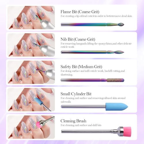 Rainbow Diamond Cuticle Bit Set for Nail Drill - 10Pcs 3/32" Nail Prep Bits with Flame Ball Needle Bit, Safety Silicone Buffer & Cleaning Brush for Beginner - color: Rainbow