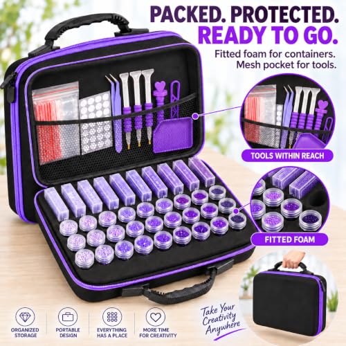 MERATIA Diamond Art Storage Case, 10 Lidded Trays and 30 Screw-Top Jars - color: Purple 40 Slots-2 Sizes