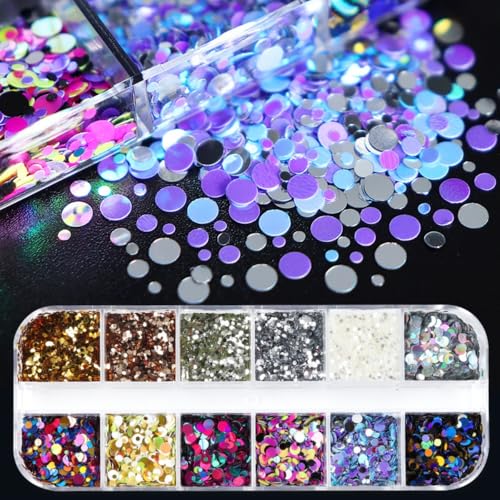 1 Box 12 Color Holographic Circle Nail Glitter Rings Nail Sequins 3D Silver Gold Nail Flakes Sparkly Glitter Flakes Shiny Nail Glitter Colorful Nail Sequins Glitter for Nails Art 12 Grids - color: Color 50