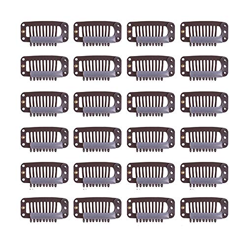 24 Pcs Snap Clips for Hair Extensions and Wigs - Metal 9-Tooth Comb Clips, 32mm (Dark Brown) - color: Dark Brown, style: 32mm 24pcs