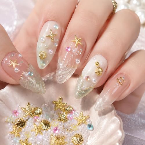 100PCS 3D Summer Ocean Resin Nails Charms Beach Seashell Starfish Gold Nail Charms Beads Star Sea Shell Nail Art Jewelry Summer Beach Nail Accessories for Women DIY Accessories (Starfish) - color: Starfish