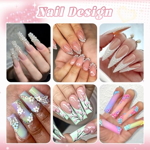 Flatback White Pearls and 3D Flowers for Nails Caviar Nail Beads with Glue - color: 10 2 Boxes Nail Art Decos Set 29+Glue