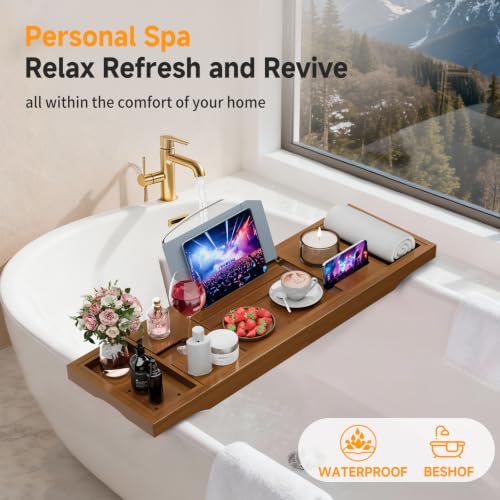 Foldable Bathtub Tray Caddy with Soap Dish Adjustable29.5-43''Walnut - color: Walnut