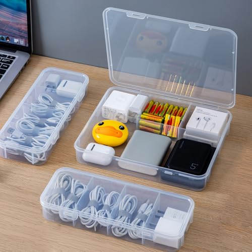 Vidifor 2-Pack Clear Cable Organizer Box with 16 Cable Ties, 4 Compartments Organizer Container for Crafts, Beads, Earrings, Screws, Nail, Pins (2, Large) - size: Large