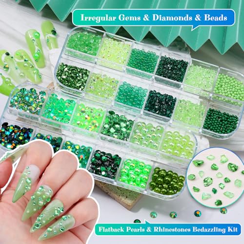 6 Boxes Flatback Gems and Rhinestones for Crafting Kit, 2/3/4/5/6mm Green Jelly Clear AB Rhinestones Resin Half Pearls Nail Charms, Irregular Crystal Caviar Beads with Tweezers for Nails DIY Tumblers - color: Green - 2-6mm