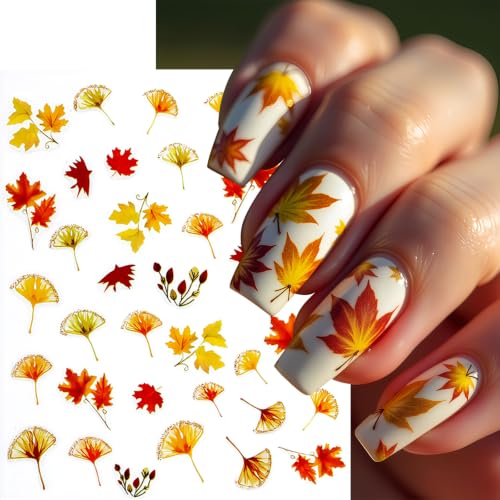 8 Sheets Autumn Maple Leaves Nail Stickers Glitter Pumpkin Nail Decals 3D Self-Adhesive Maple Leaf Nail Art Supplies Fall Ginkgo Leaf Stickers for Nails Thanksgiving Day Women DIY Manicure Decoration - style: ginkgo leaf