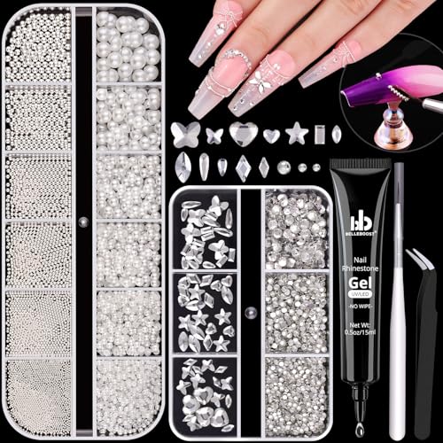 Nail Glass Rhinestones Flatback Pearls and Nail Beads for Nails with Glue - color: 15 2 Boxes Nail Art Decos Set 36+Glue