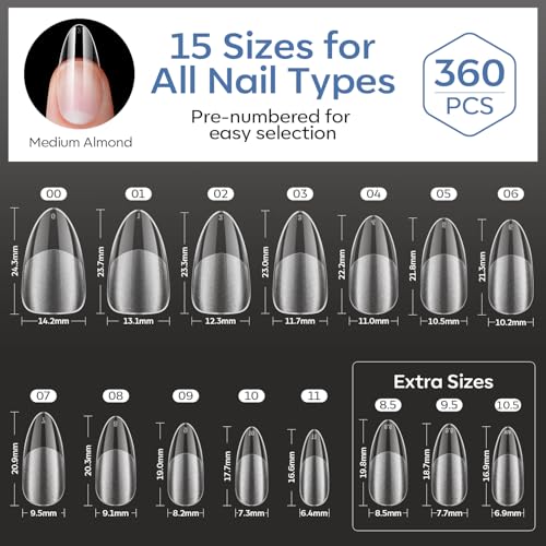 Modelones Medium Almond Nail Tips 360pcs Pre-etched Clear Press On Nails - color: A2-Medium Almond
