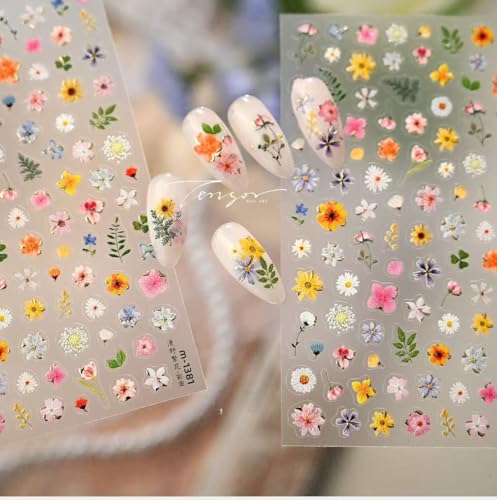 Flower Nail Art Stickers Decals Floral Leaf Plant Nail Decals for Nail Art Design 3D Self-Adhesive Nail Sticker Colorful Flower Adhesive Transfer Slider DIY Spring Tip Decor Manicure - color: 1