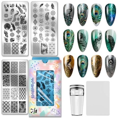 PH PandaHall 3pcs Peacock Nail Stamping Plates Chinese Pattern Nail Art Plates Cloud Geometric Nails Image Plates Feathers Flowers Manicure Design Stamp for Women Manicures Salon DIY Printing Gift - style: Peacock