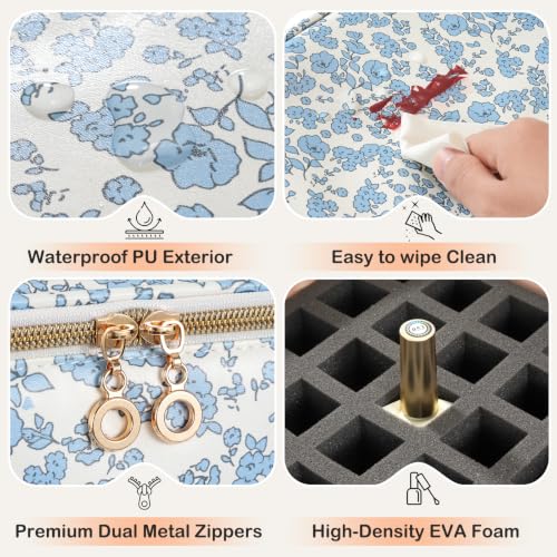 Uross Nail Polish Organizer Bag Case, 42 Bottles PU Leather- Blue Floral - size: Large- Hold 42 Bottles