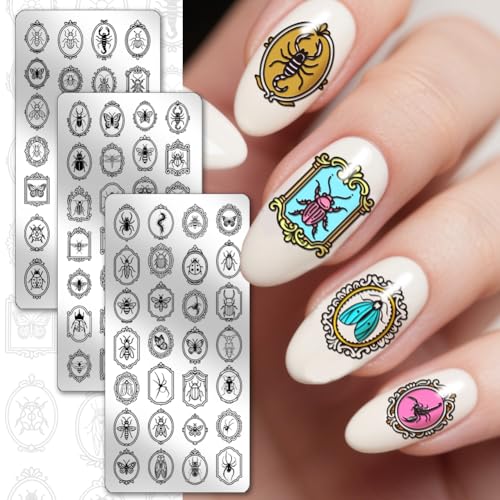 PH PandaHall 3pcs Insect Nail Stamping Plates Butterfly Dragonfly Nail Art Plates Beetle Spider Bee Nails Image Plates Gothic Style Nails Art Templates for Women Manicures Salon DIY Printing Design - style: Insect