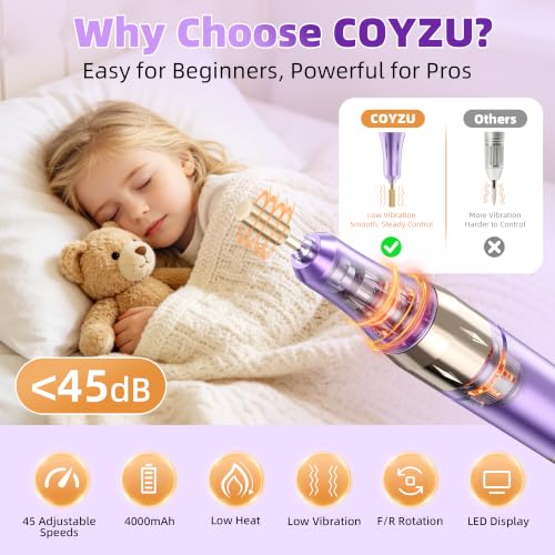 Professional Electric Nail Drill Rechargeable Nail File for Beginners - color: Lilac Purple