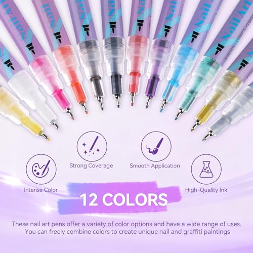 PFARRER 12 Colors Nail Art Pens Set, 0.5mm Fine Tip, Quick Dry - size: 12-piece set