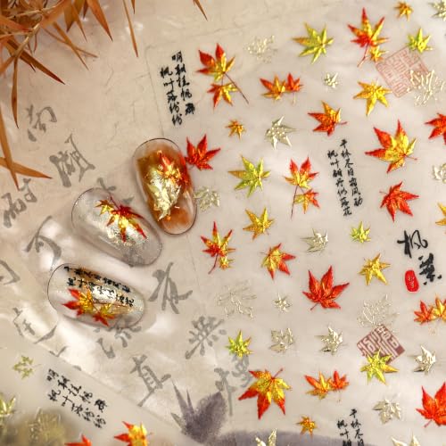 1 Sheet Fall Nail Stickers 5D Embossed Self-Adhesive Fall Maple Leaf Nail Decals Red Gold Maple Leaves Nails Designs Glitter Maple Leaf Nail Art Stickers Thanksgiving Nails Supplies for Women Manicure - color: Style18