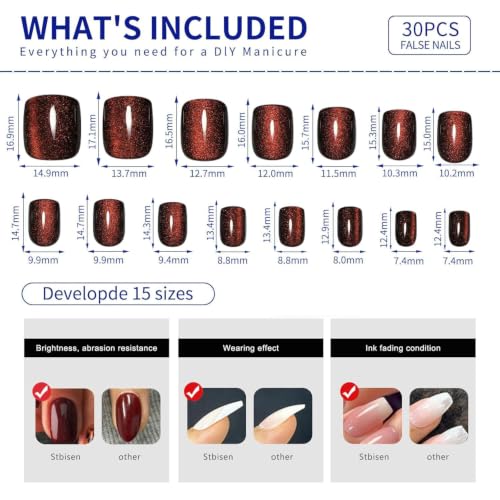 Wine Red Press On Nails Short – Square Cat Eye Fake Nails 30PCS - color: M05-Deep Burgundy Red - Crimson Spell