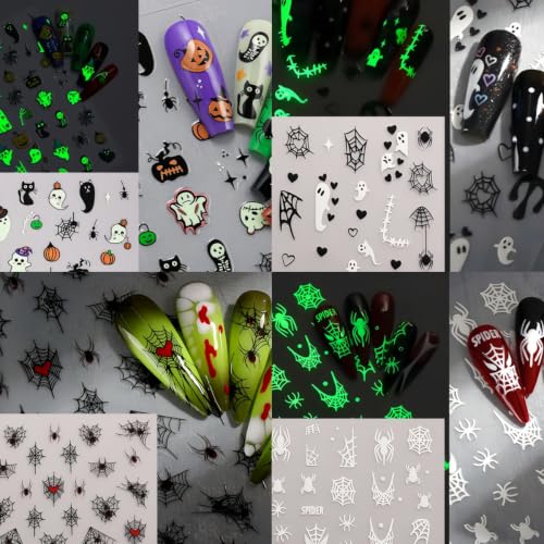 8 Sheets Halloween Glow in The Dark Nail Art Stickers 3D Self-Adhesive Luminous Ghost Heart Spider Web Nail Decals Gothic Skull Spider Pumpkin Supplies Nails Decoration for Women Manicure Accessories - style: fluorescent ghost