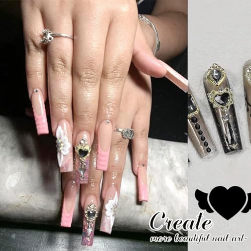 24pcs Black Luxury Nail Charms +2000pcs Jet Black Rhinestones 3D Big Nail Gems K9 Glass Nail Crystals Diamonds Jewelry Stones Alloy Nail Art Studs Decor Supplies Heart Charms for Arylic Nails Crafts - color: Luxury Charms - Black, size: 2 Box