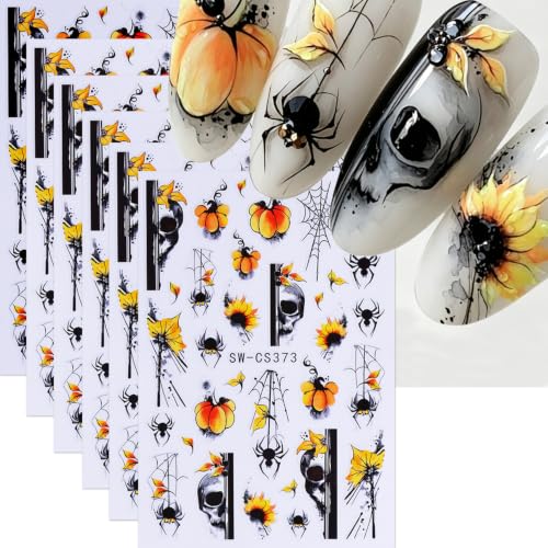Halloween Nail Art Sticker Spider Web Nail Sticker 6Pcs Water Ink 3D Self-Adhesive Spider Web Skull Spider Pumpkin Nails Decal Sunflower Nail Supplies Accessories for Halloween Manicure Decoration - color: Skull Pumpkin