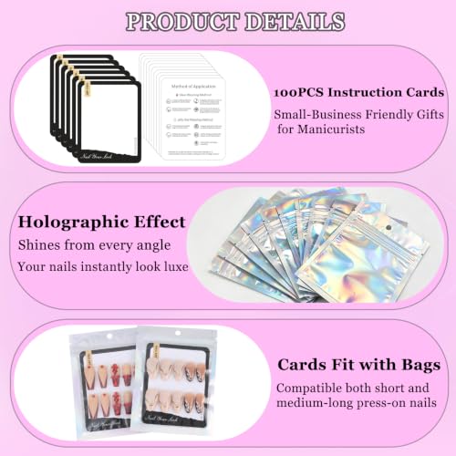 100PCS Laser Press on Nail Packaging Bags Empty Nail Storage Bags 100PCS Instructions Cards - color: Laser