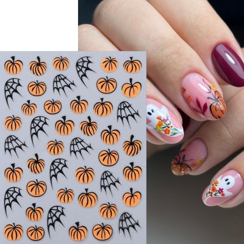 8 Sheets Halloween Pumpkin Nail Stickers 3D Self-Adhesive Spider Web Nail Decals Black Maple Leaf Glitter Pumpkin Nails Design Cute Spider Nail Supplies Manicure Sticker for Women Holiday Decoration - style: spider web