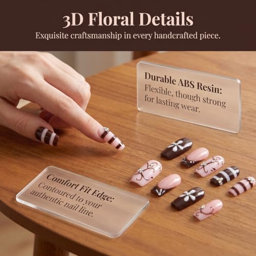 Handmade Press on Nails,Medium Coffin Flower Striped Fake Nails - color: style13