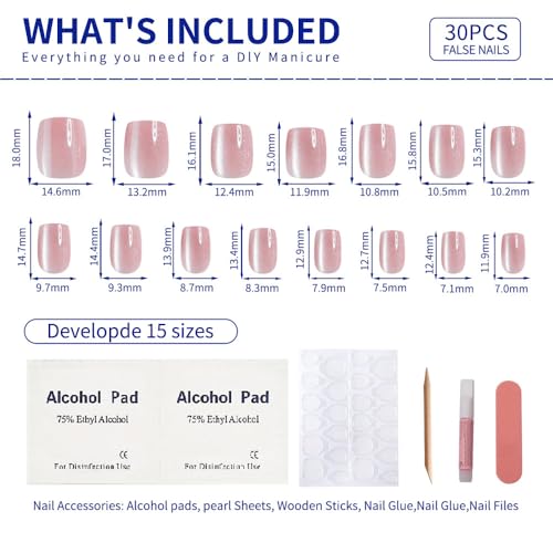 Peach Pink Press On Nails Square – Short Cat Eye Fake Nails with Color-Shifting Glow, Glossy Gel Acrylic Nails 15 Sizes, 30 Nails, Thick Reusable Glue On Nails for Daily Wear & Women Gifts - color: M08-Nude-Pink