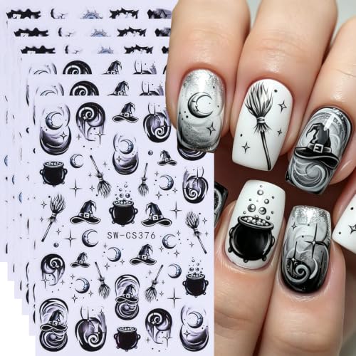 Halloween Witchcraft Theme Nail Broomstick Cauldron Nail Decal 6Pcs 3D Self-Adhesive with Evil Eye Vortex Moon Star Nail Design Gothic Nail Supplies Accessories for Halloween DIY Manicure Decoration - color: Witchcraft