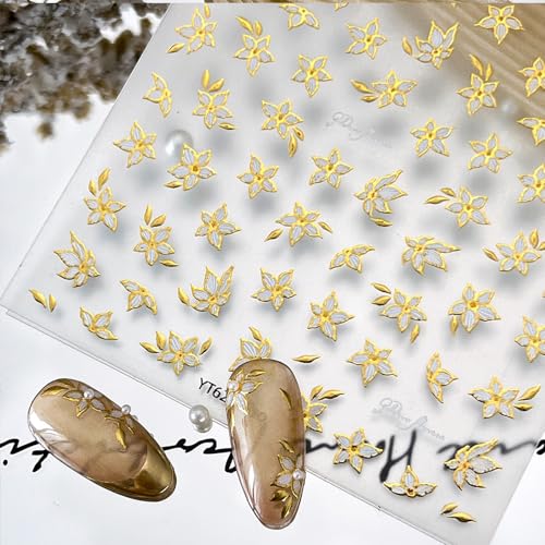Gold Nail Stickers Fall Flower White Gold 5D Embossed for Elegant Nail Art 3D Self-Adhesive Nails Decoration Beatiful Nail Decals DIY for Women Girls Nail Supplies - color: Gold Flowers Style