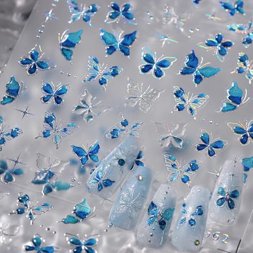 WBRRFJJ 5D Embossed Butterfly Nail Art Stickers - Blue, Butterfly Pattern - Waterproof, Resin Material - For Nails - Nail Art Stickers & Decals - Women & Girls - Spring/Summer Nail Art Supplies - style: Butterfly Nail Stickers-8