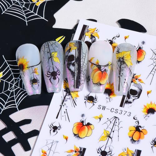 Halloween Nail Art Sticker Spider Web Nail Sticker 6Pcs Water Ink 3D Self-Adhesive Spider Web Skull Spider Pumpkin Nails Decal Sunflower Nail Supplies Accessories for Halloween Manicure Decoration - color: Skull Pumpkin
