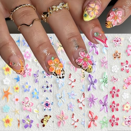 6Sheets Colorful Flower Nail Art Stickers 5D Micro Embossed Hawaiian Flowers Nail Decals Lily Hibiscus Floral Nail Design Tropical Flower Manicure Supplies Summer Floral Nail Accessories for Women - style: hawaiian flowers