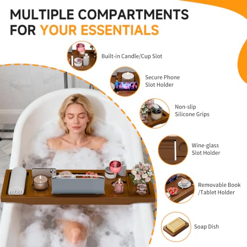 Foldable Bathtub Tray Caddy with Soap Dish Adjustable29.5-43''Walnut - color: Walnut