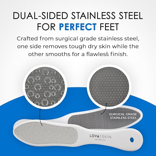 LOVA Skin Professional Foot File | Stainless Steel Foot Scraper and Callus Remover Tool | Double-Sided Pedicure Foot File for Dead Skin and Hard Heel Removal | Durable Hygienic Design - color: White